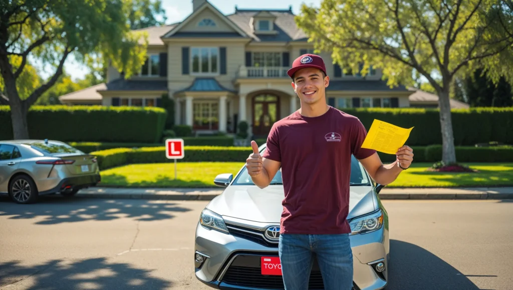 happy student in front of car with certificate
